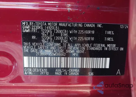 2025 Toyota Rav4 Xle Premium from USA, damaged, VIN 2T3B6RFV5SW086662